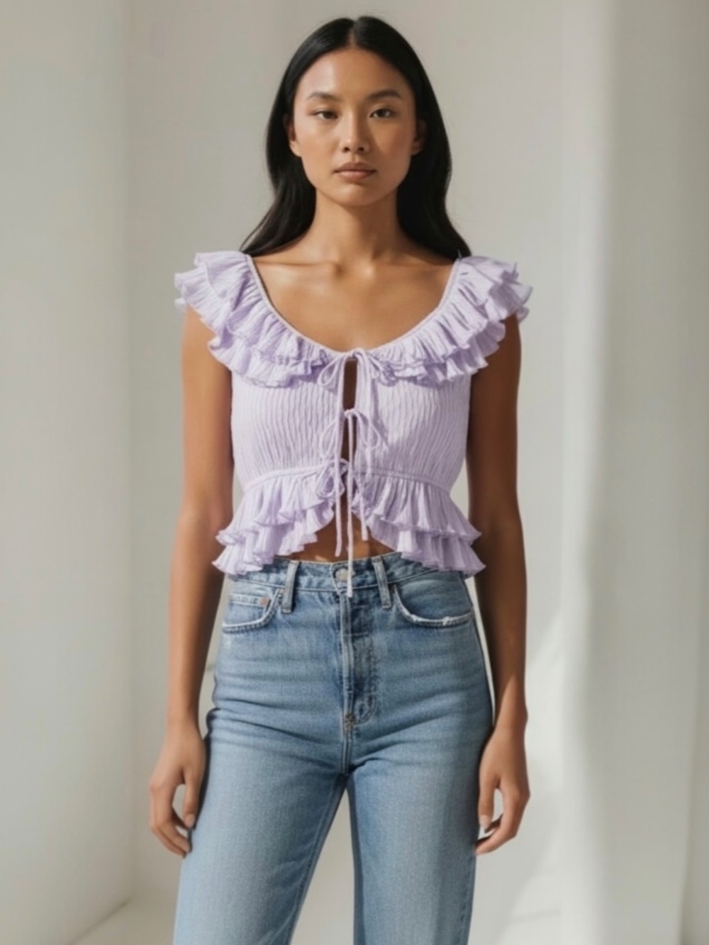 ASTR Tiered Ruffle Sleeve Tie Front Top in Lavender Size Medium